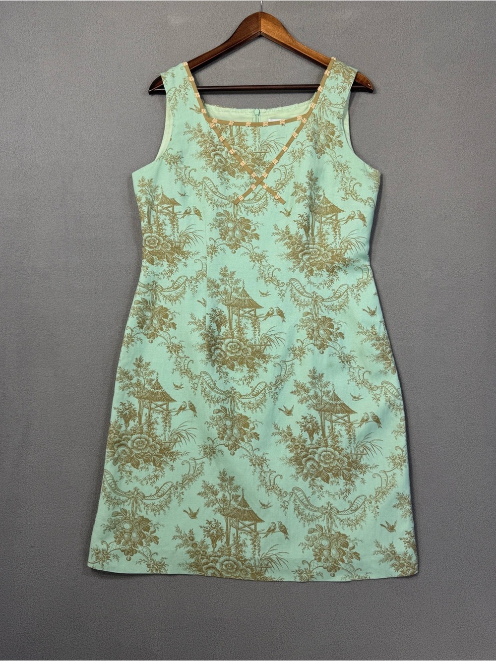 Vintage 90’s Linen Blend Sleeveless Mint Green Nature Floral Birds Sheath Dress